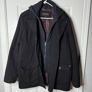 GUESS Men's Black Wool Hooded Coat Jacket with Red Quilted Puffer Lining | Large